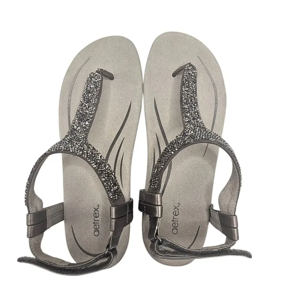 Aetrex Gunmetal Jade Sparkle Thong Orthotic Sandals Women's Size 10